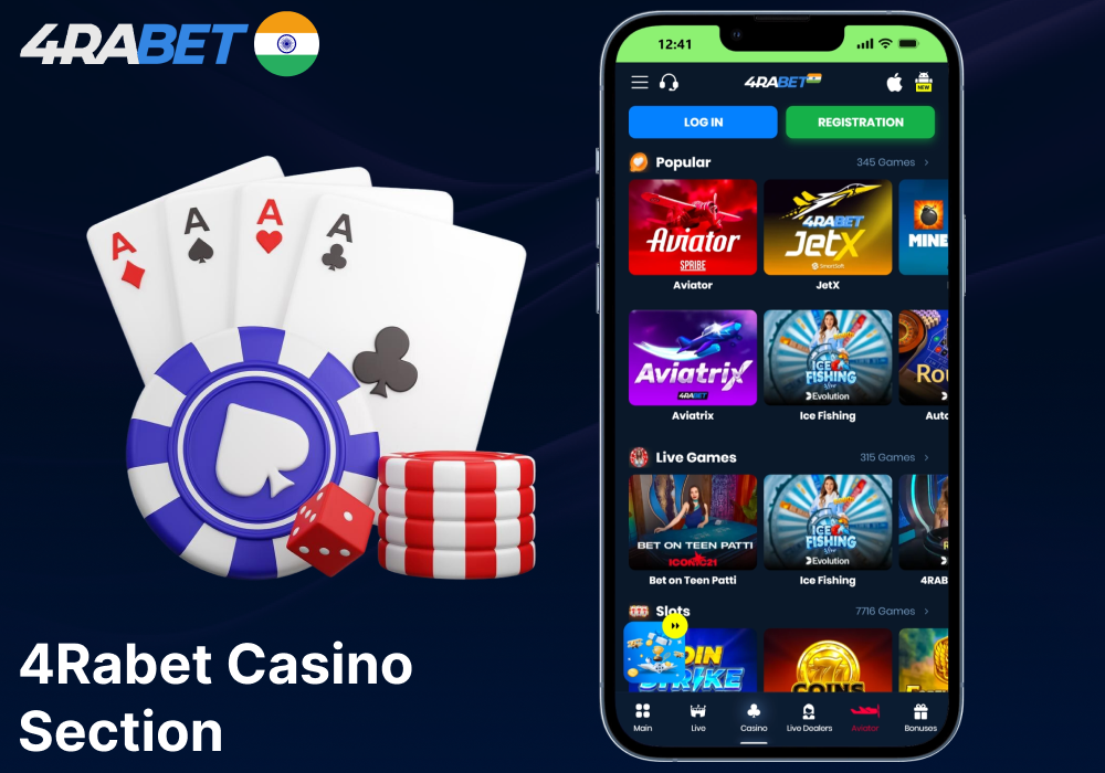 Casino games available on 4Rabet mobile app in India